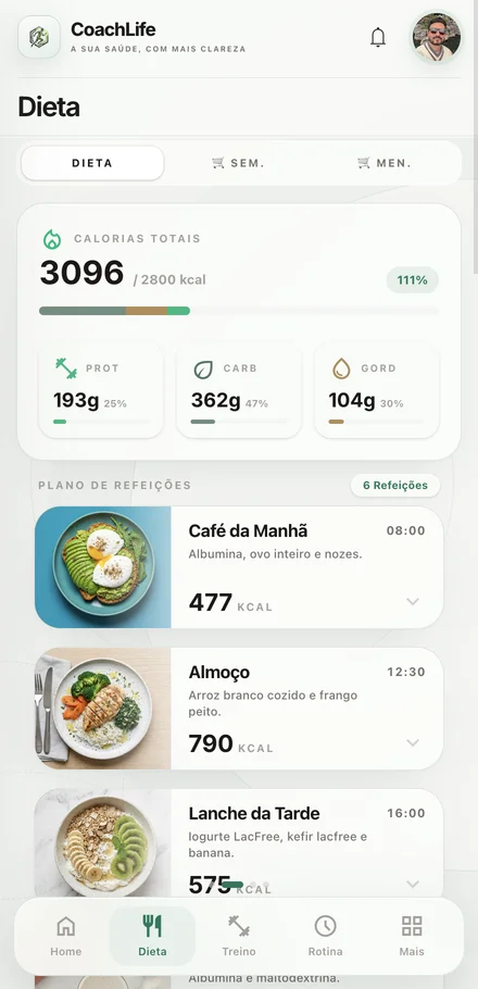 Interface real do CoachLife — Alimentação, com dados do perfil completos