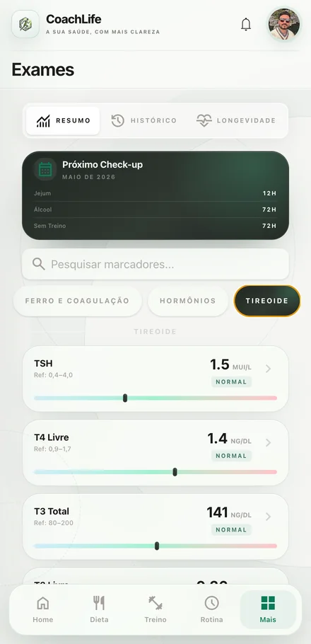 Interface real do CoachLife — Exames, com dados do perfil completos