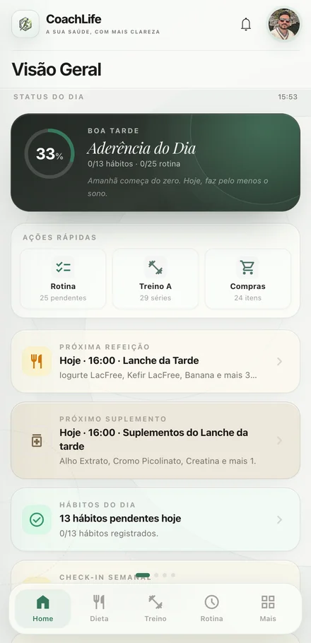 Interface real do CoachLife — Visão geral, com dados do perfil completos