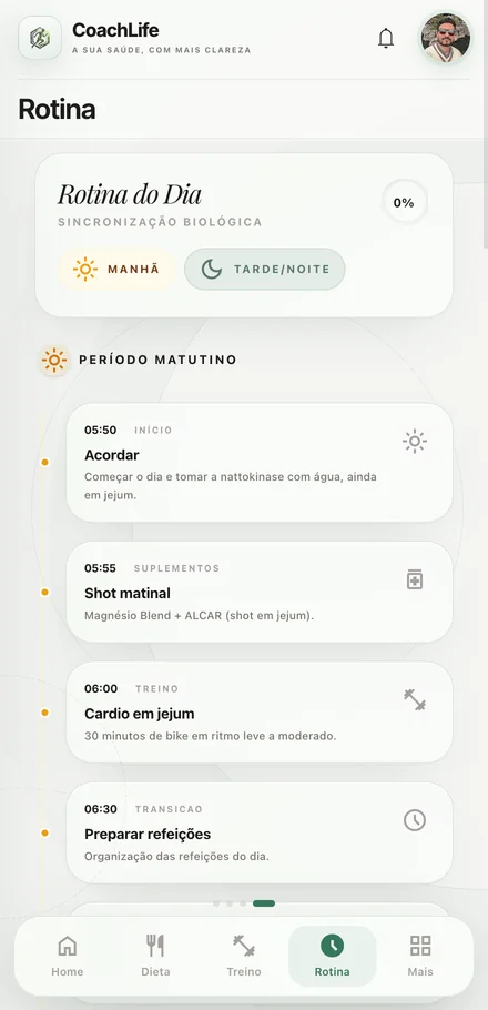 Interface real do CoachLife — Rotina, com dados do perfil completos