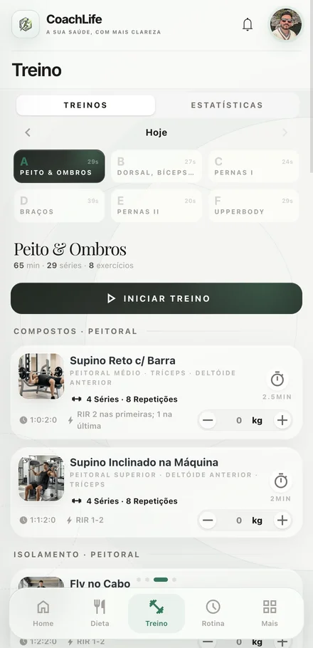 Interface real do CoachLife — Treino, com dados do perfil completos